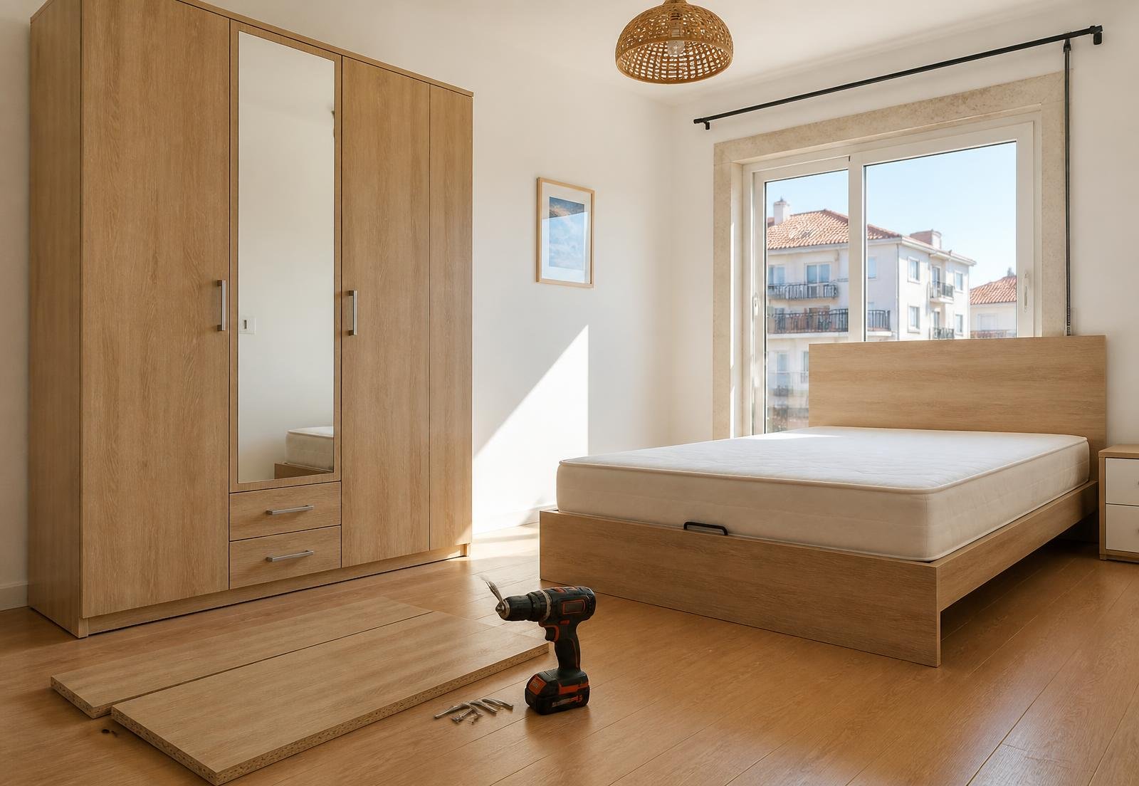 Assembled oak wardrobe and bed with a cordless drill in a bright Porto apartment